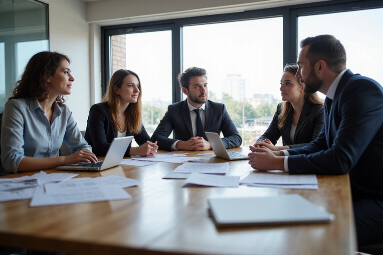 Diverse team collaborating in a modern office environment