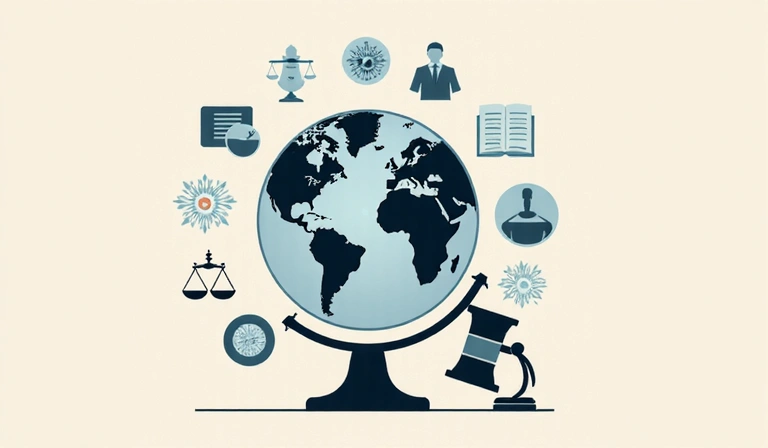 Globe icon with legal documents implying international law