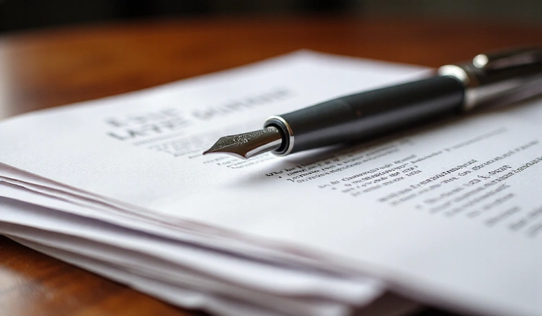 Legal documents and a pen on a mahogany desk