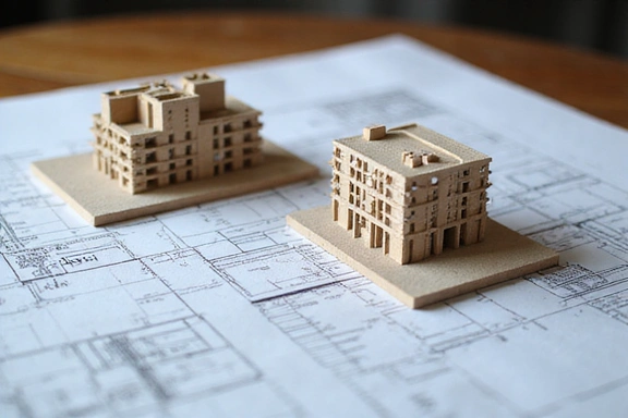 Architectural drawings and construction site model