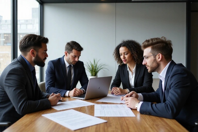 Legal team discussing dispute resolution strategies in a modern office