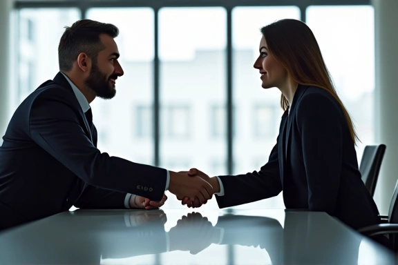 Two business figures shaking hands over a negotiation table