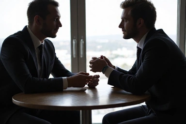 A somber meeting between an employer and an employee, suggesting a difficult dismissal conversation