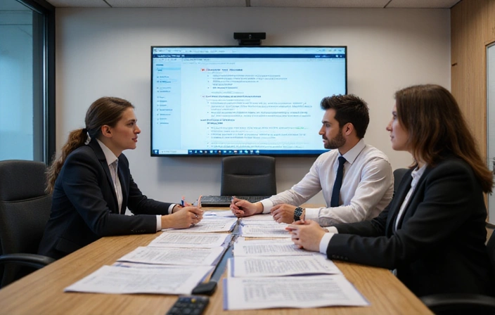 A legal team reviewing corporate policies and compliance documents