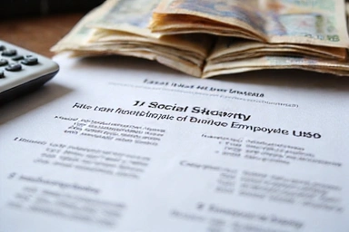 Calculator, currency, and documents related to social security and benefits