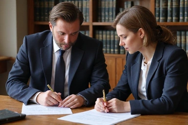 Two legal professionals reviewing case documents in a courtroom or law office