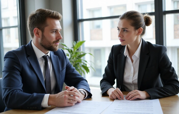 Two business professionals discussing employment contracts in a modern office setting