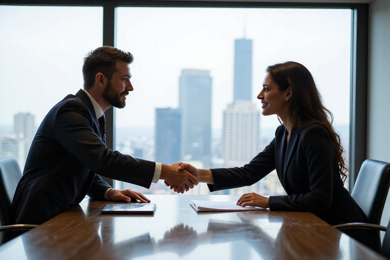 Two financial law experts shaking hands, symbolizing partnership and successful collaboration