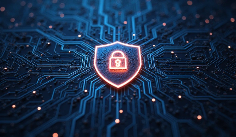 Cyber security concept with shield and circuit board