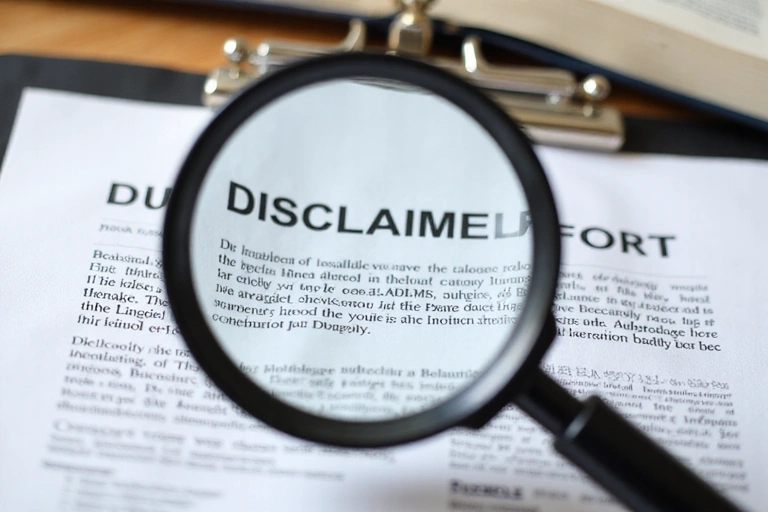 A legal disclaimer document with a magnifying glass, emphasizing scrutiny and legal notice.