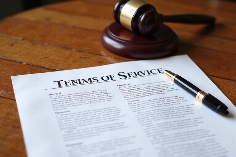 Legal documents and a gavel on a wooden desk, symbolizing terms of service and legal agreements.